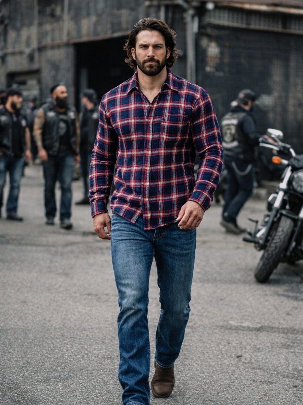 Nordstrom Flannel Blue Red Plaid Button Long Sleeve Western Biker Shirt Men L